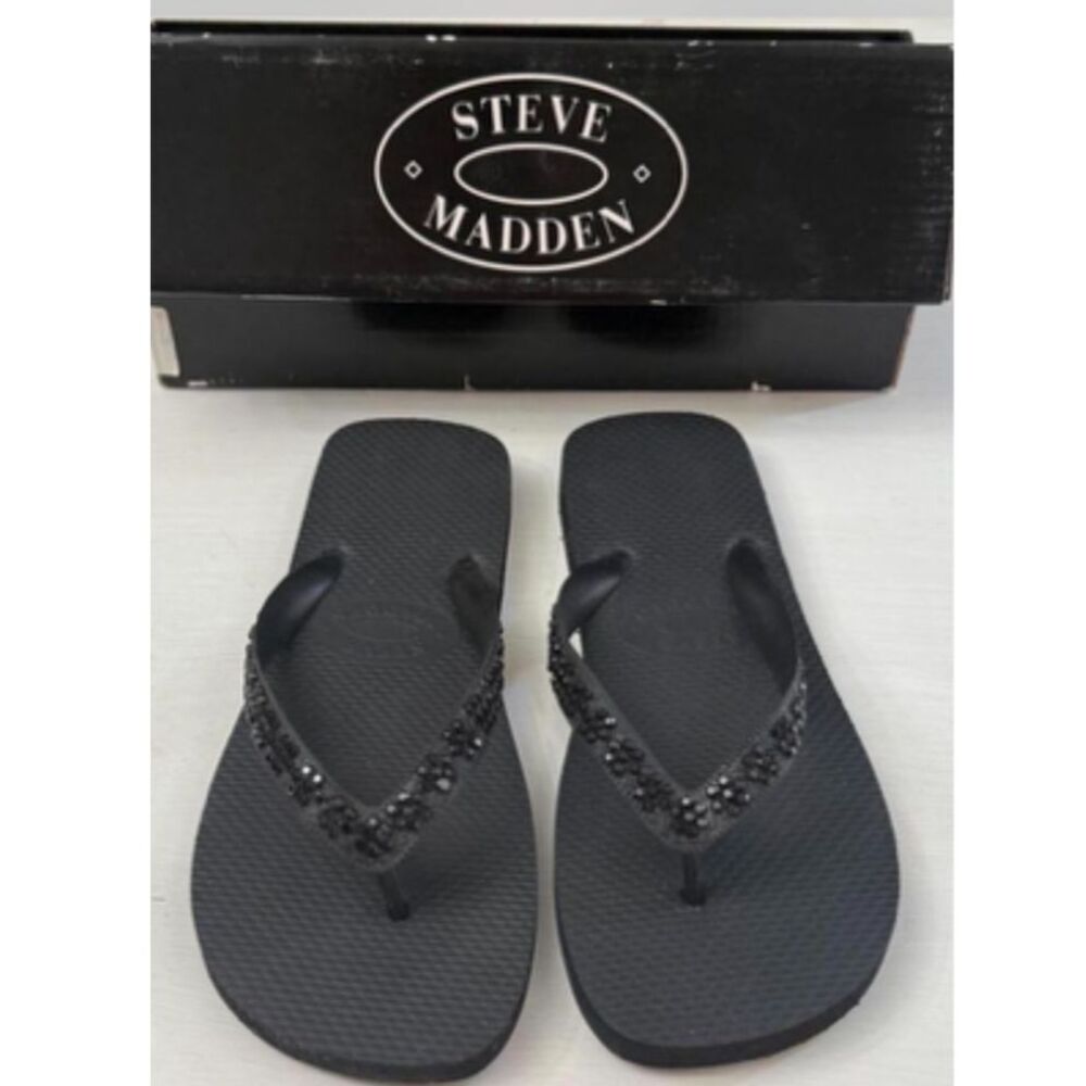 NIB 2000s Steve Madden Black Rhinestone Beaded Y2K Flip Flops Sandals